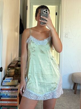 Victoria's Secret Pale Green Satin Mini Slip Dress with Light Blue Lace Trim